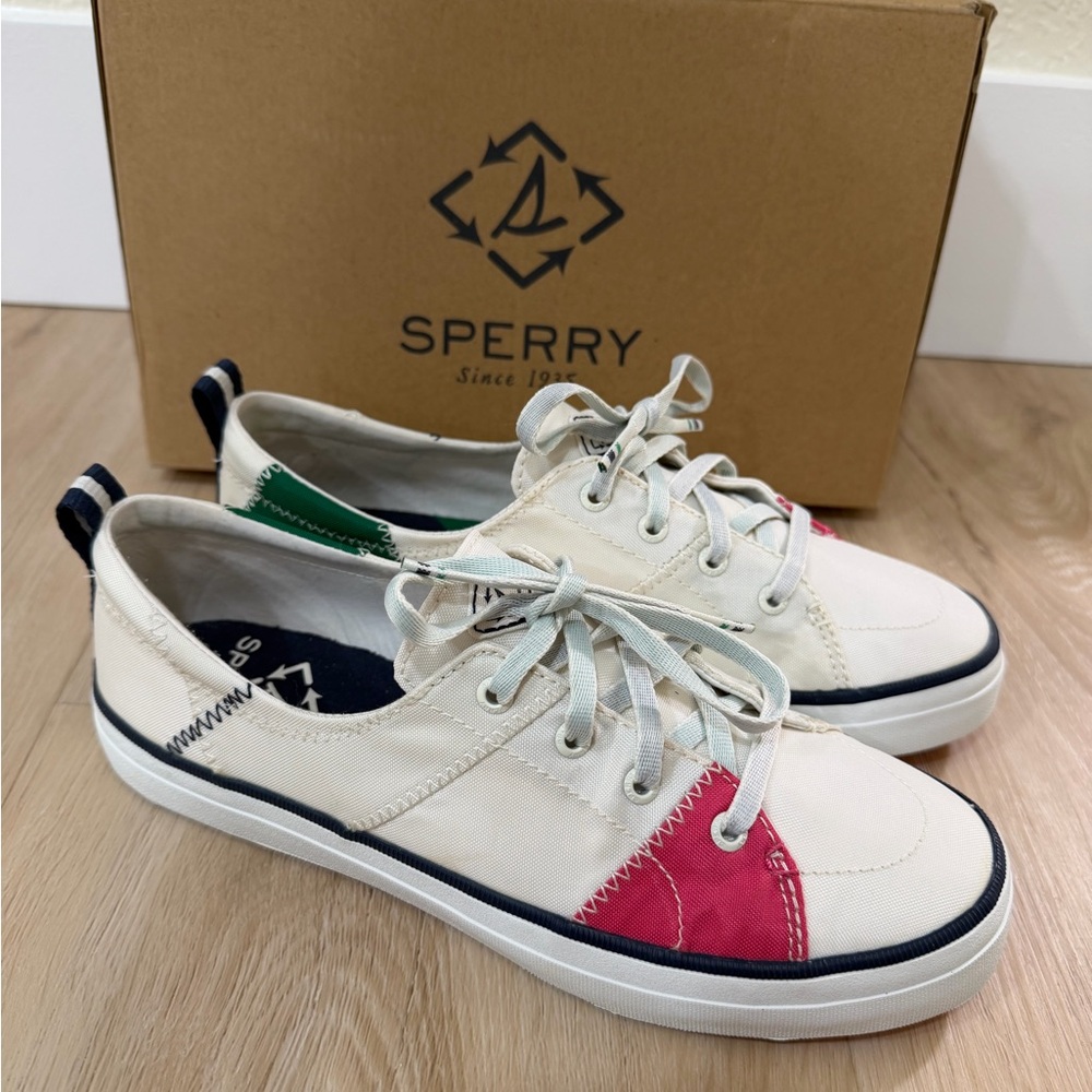 Sperry White Canvas Sneakers with Pink and Green Accents
